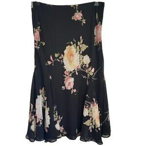 Chaps Dark Floral Chiffon Midi Skirt Flare Size M Pull On Romantic Fairy Grunge